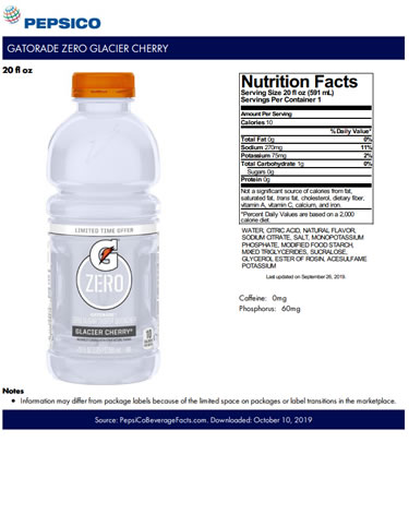 Gatorade Zero Glacier Cherry Product Fact Sheet
